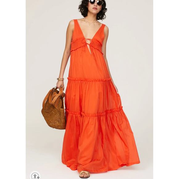 Nicholas Orange Tiered Ruffle Maxi Dress Size 2 Silk Plunging Vacation Gown $595 - Picture 1 of 11